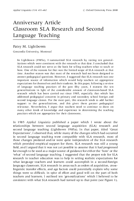 (PDF) Anniversary article. Classroom SLA research and second language ...
