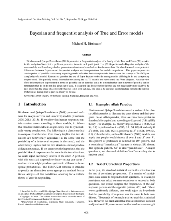 (PDF) Bayesian and Frequentist Analysis of True and Error Models