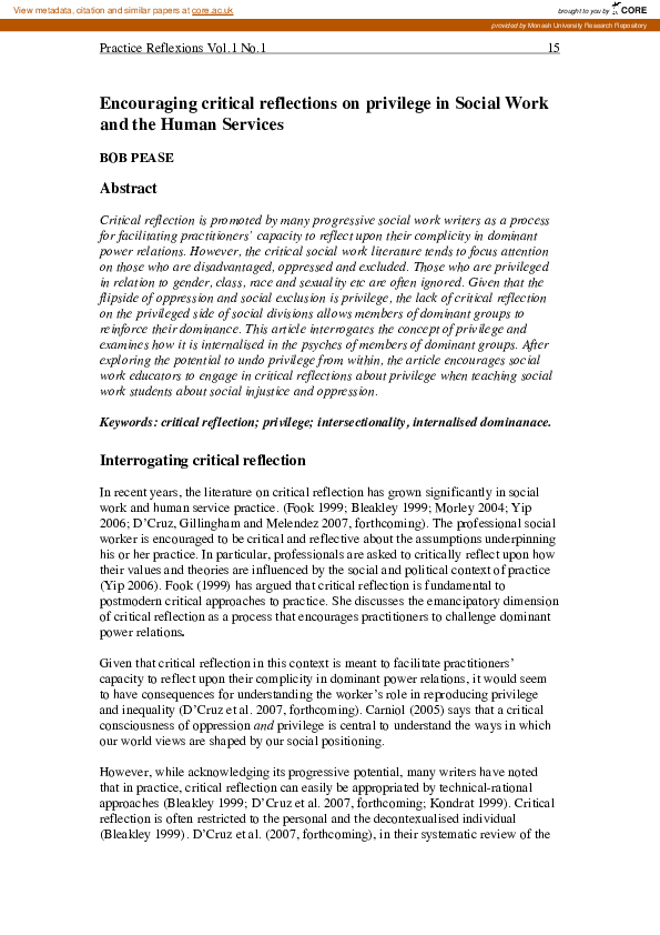 (PDF) Encouraging critical reflections on privilege in social work and ...