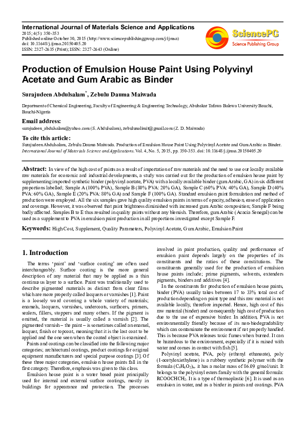 (PDF) Production of Emulsion House Paint Using Polyvinyl Acetate and