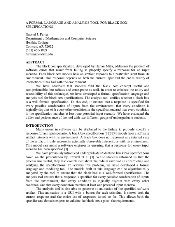 (PDF) A formal language and analysis tool for black box specifications