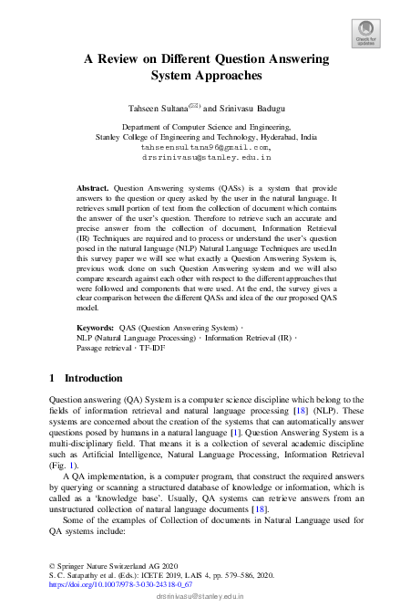 (PDF) A Review on Different Question Answering System Approaches