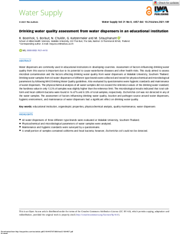(PDF) Drinking water quality assessment from water dispensers in an ...