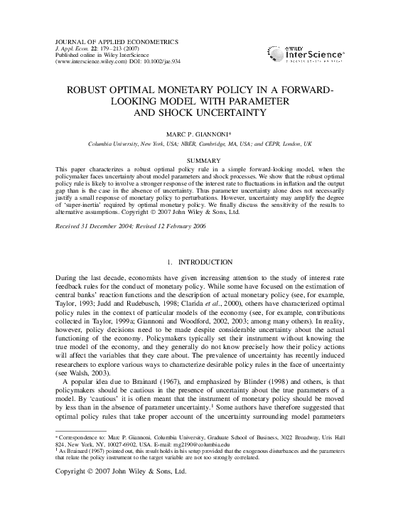 (PDF) Robust optimal monetary policy in a forward-looking model with ...