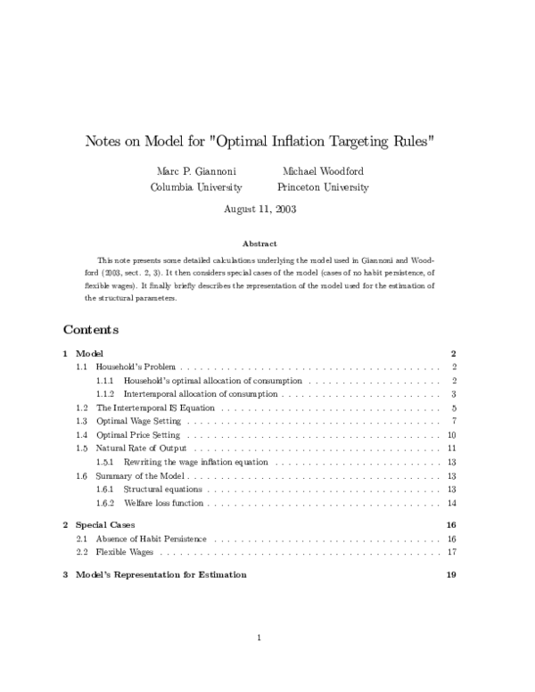 (PDF) Notes on model for ‘optimal inflation targeting rules’