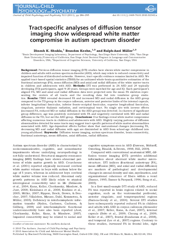 (PDF) Tract-specific analyses of diffusion tensor imaging show ...