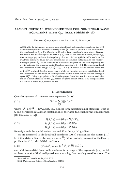 (PDF) Optimal Local Well-Posedness for Nonlinear Wave Equations in 2D