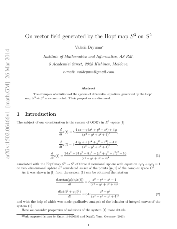 (PDF) On vector field generated by the Hopf map $S^3$ on $S^2$