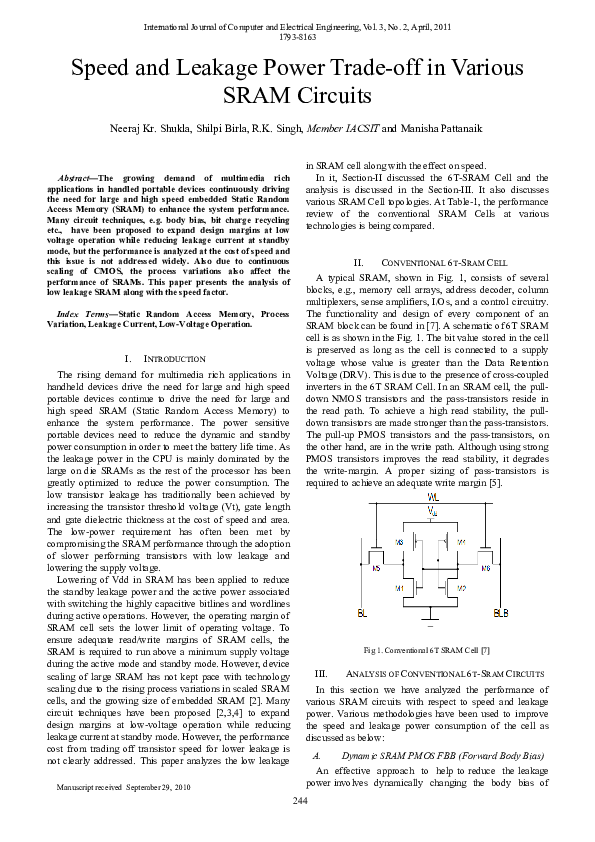 (PDF) Speed and Leakage Power Trade-off in Various SRAM Circuits