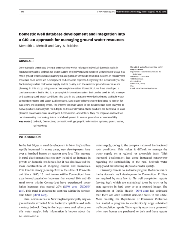 (PDF) Domestic well database development and integration into a GIS: an ...