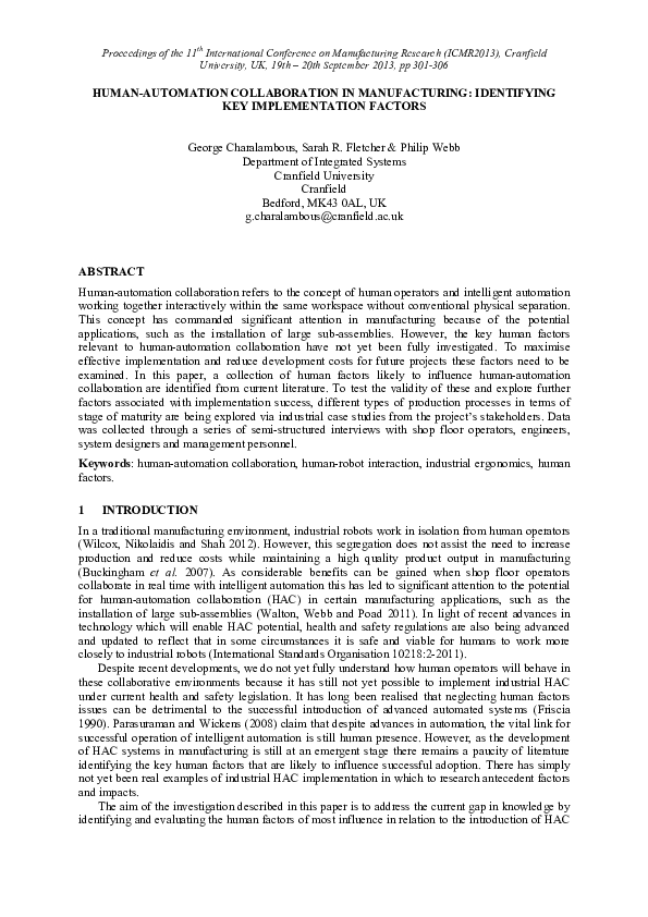 Pdf Human Automation Collaboration In Manufacturing Identifying Key