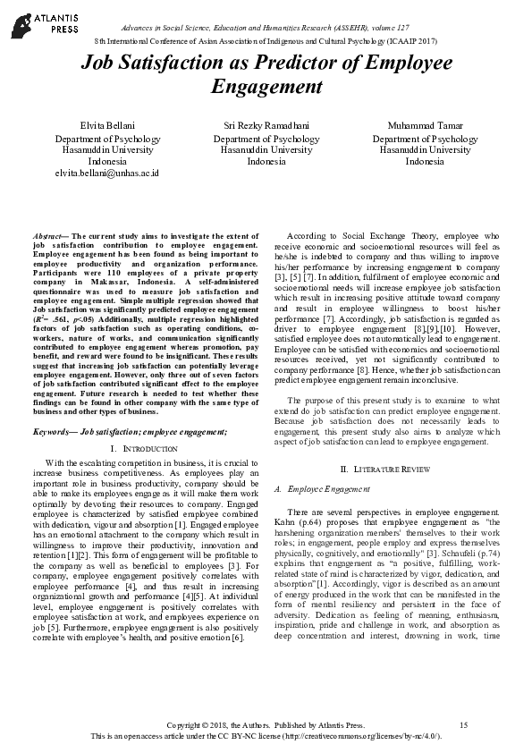 (PDF) Job Satisfaction as Predictor of employee engagement