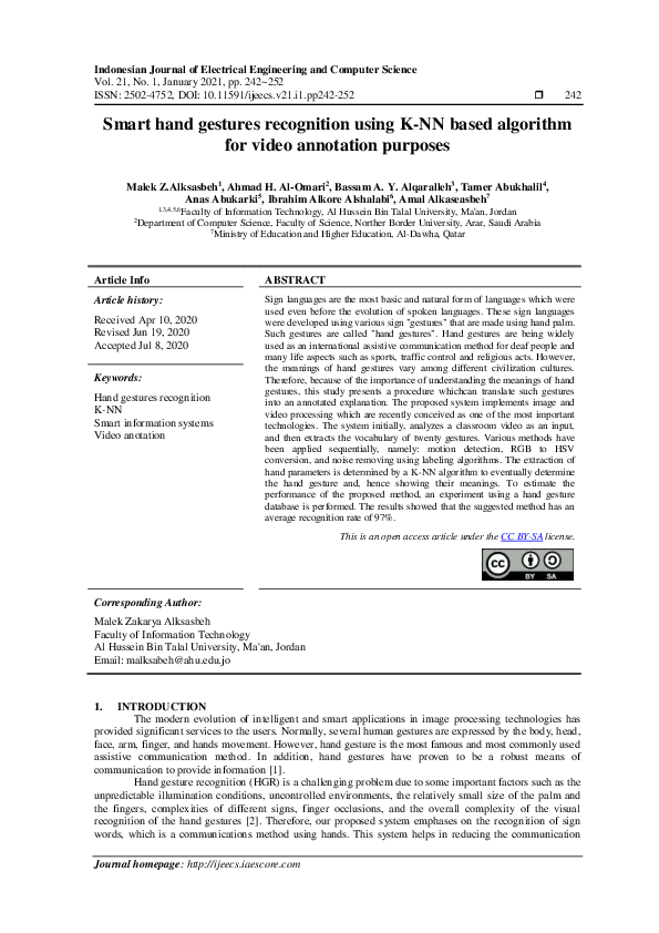 (PDF) Smart hand gestures recognition using K-NN based algorithm for ...