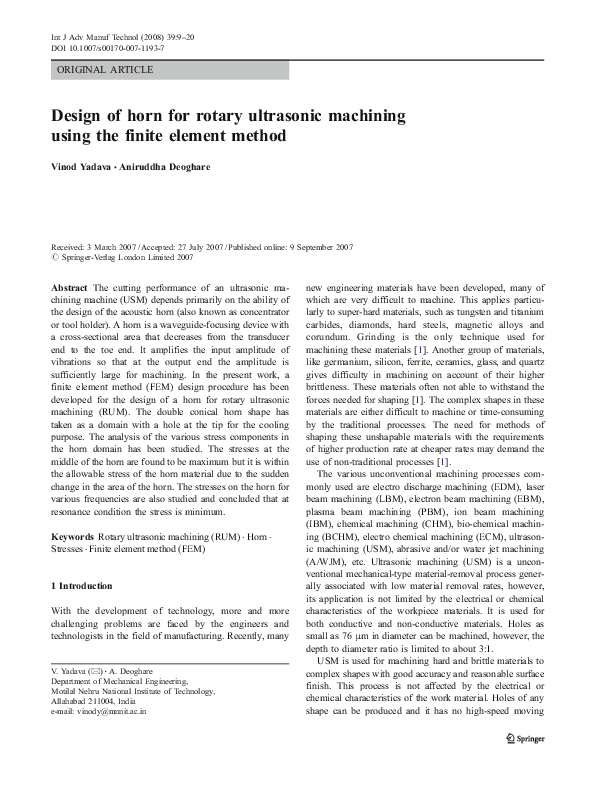 (PDF) Design of horn for rotary ultrasonic machining using the finite ...