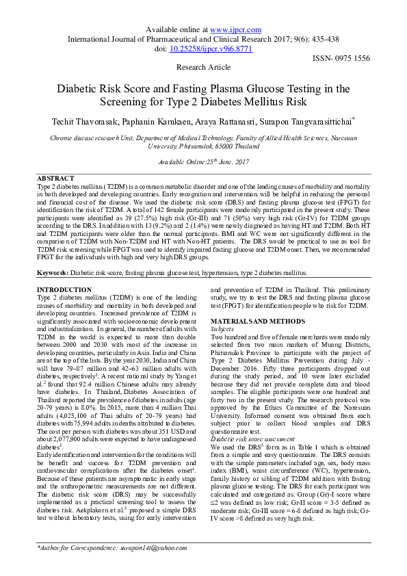 (PDF) Diabetic Risk Score and Fasting Plasma Glucose Testing in the ...