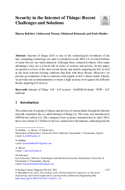 (PDF) Security in the Internet of Things: Recent Challenges and Solutions