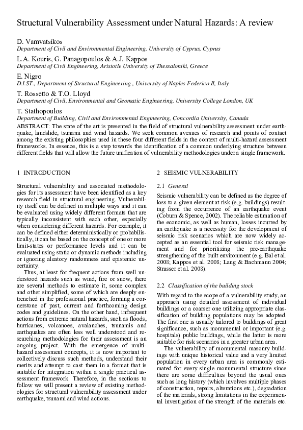 (PDF) Structural vulnerability assessment under natural hazards: A review