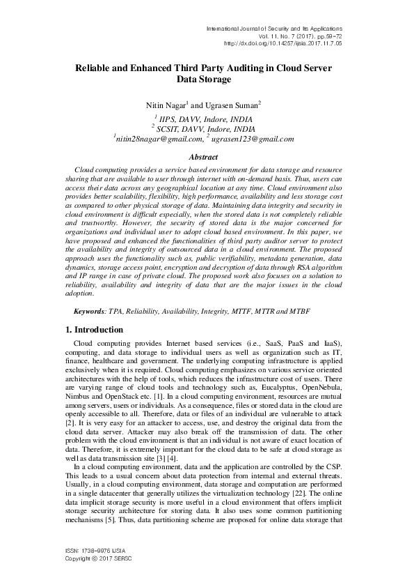 (PDF) Reliable and Enhanced Third Party Auditing in Cloud Server Data ...