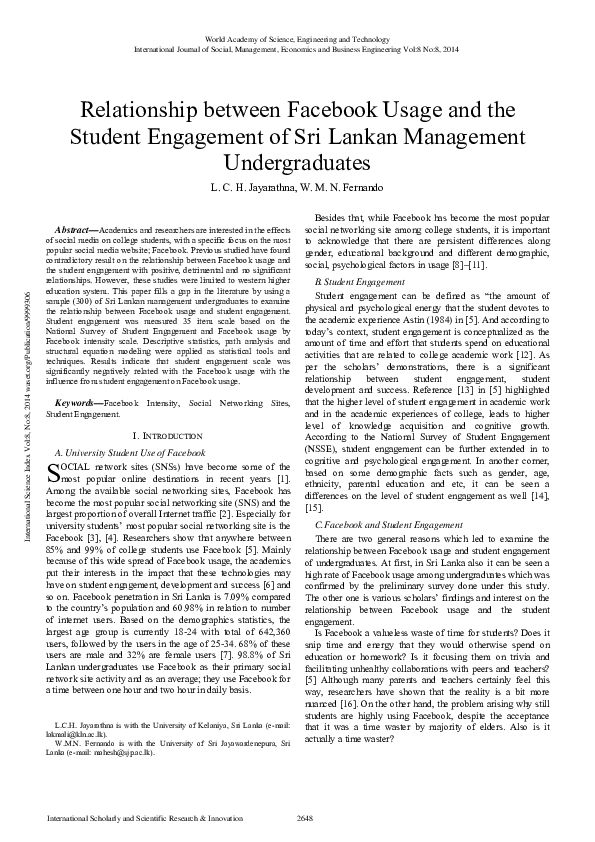 (PDF) Relationship between Facebook Usage and the Student Engagement of ...
