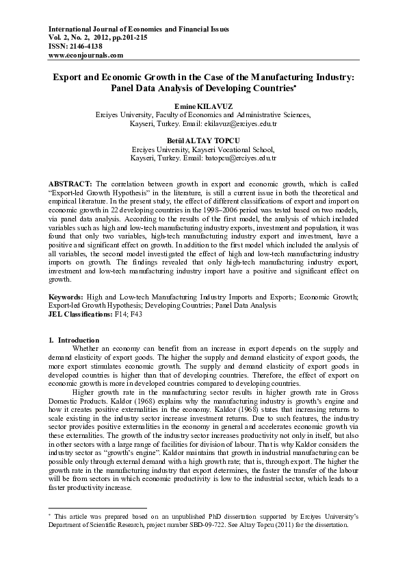 (PDF) Export and Economic Growth in the Case of the Manufacturing ...