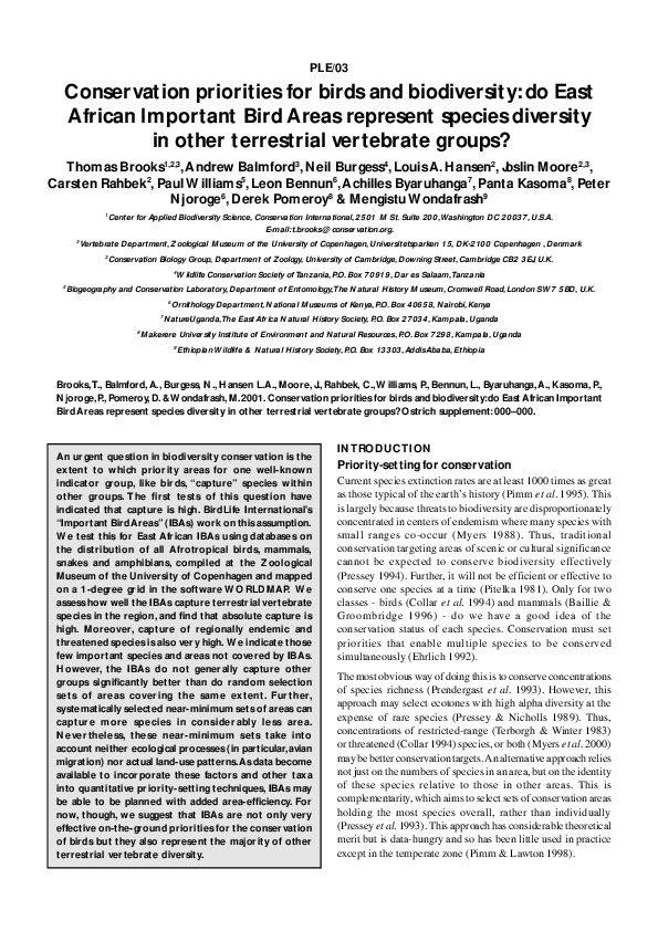 (PDF) Conservation priorities for birds and biodiversity: do East ...