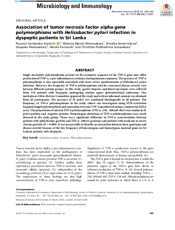 (PDF) Association of tumor necrosis factor alpha gene polymorphisms ...