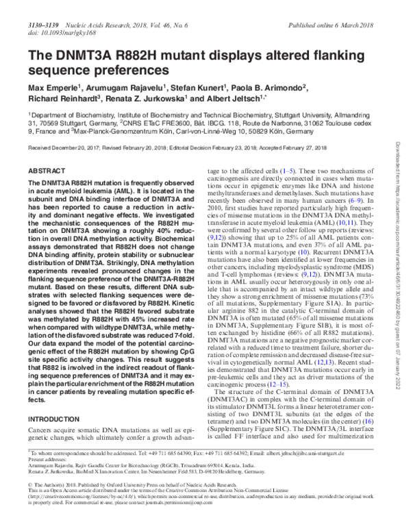 (PDF) The DNMT3A R882H mutant displays altered flanking sequence ...