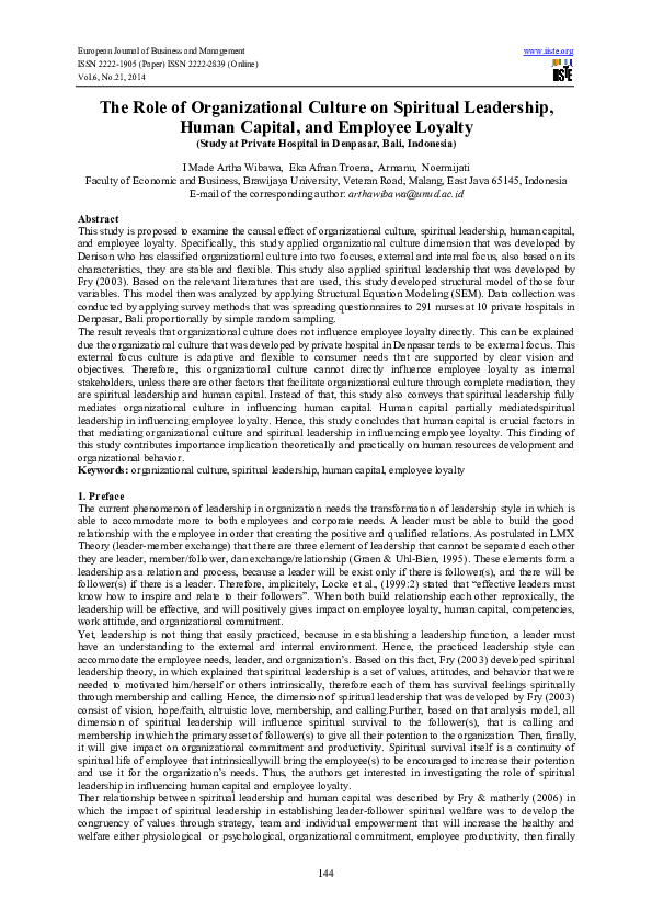(PDF) The Role of Organizational Culture on Spiritual Leadership, Human ...