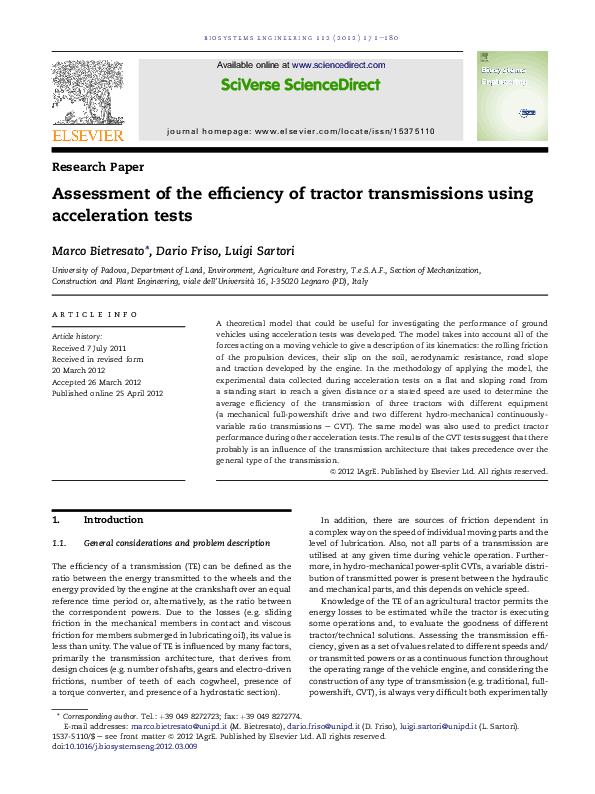 (PDF) Assessment of the efficiency of tractor transmissions using ...