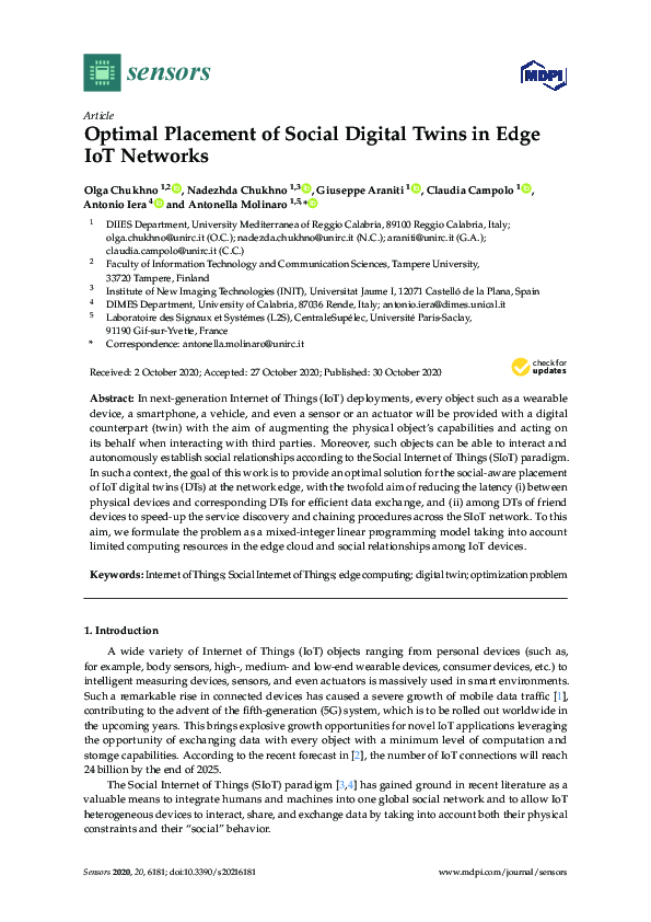(PDF) Optimal Placement of Social Digital Twins in Edge IoT Networks