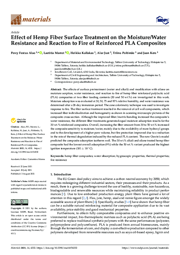 (PDF) Effect of Hemp Fiber Surface Treatment on the Moisture/Water ...