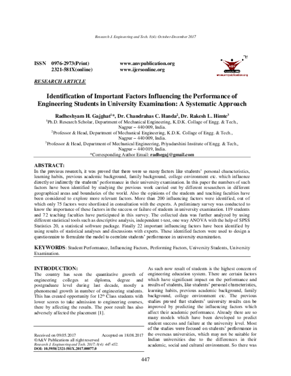(PDF) Identification of Important Factors Influencing the Performance ...