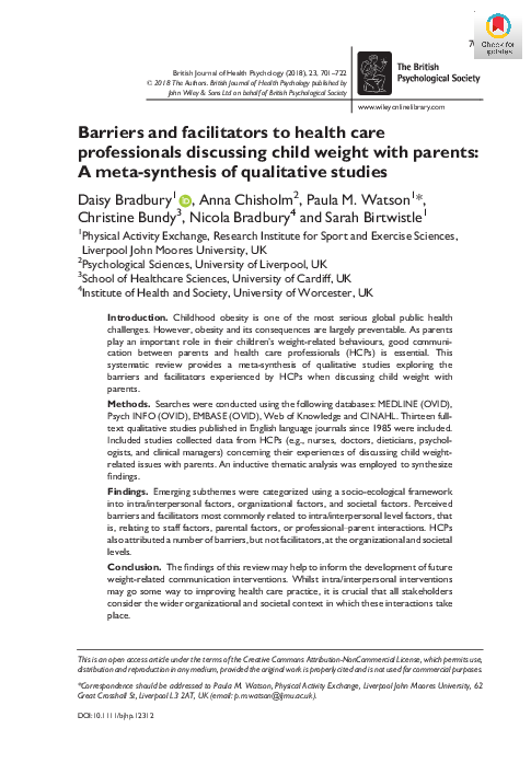 (PDF) Barriers and facilitators to health care professionals discussing ...