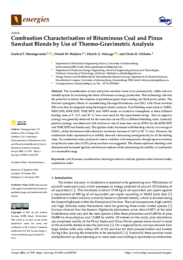 (PDF) Combustion Characterisation of Bituminous Coal and Pinus Sawdust ...