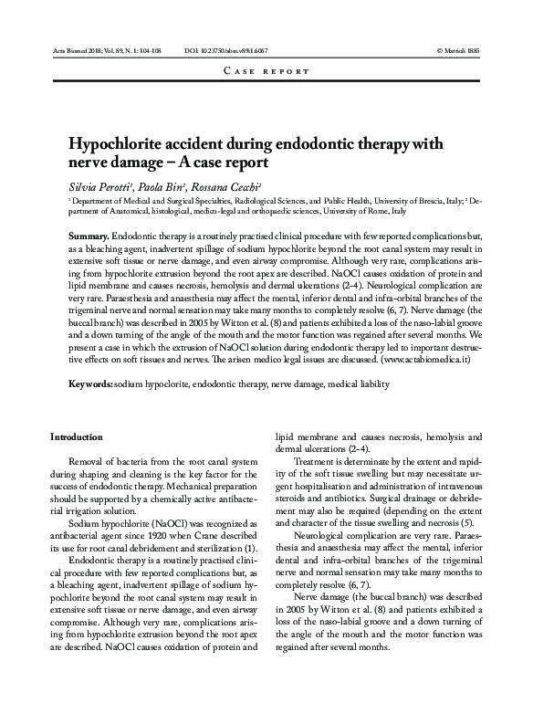 (PDF) Hypochlorite accident during endodontic therapy with nerve damage