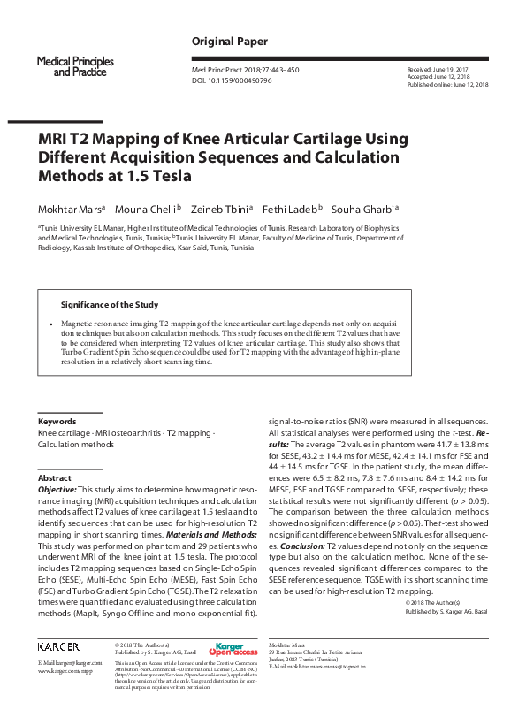 (PDF) MRI T2 Mapping of Knee Articular Cartilage Using Different ...