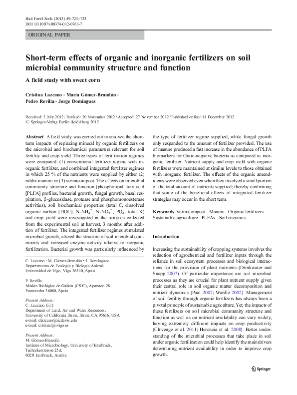 (PDF) Short-term effects of organic and inorganic fertilizers on soil ...