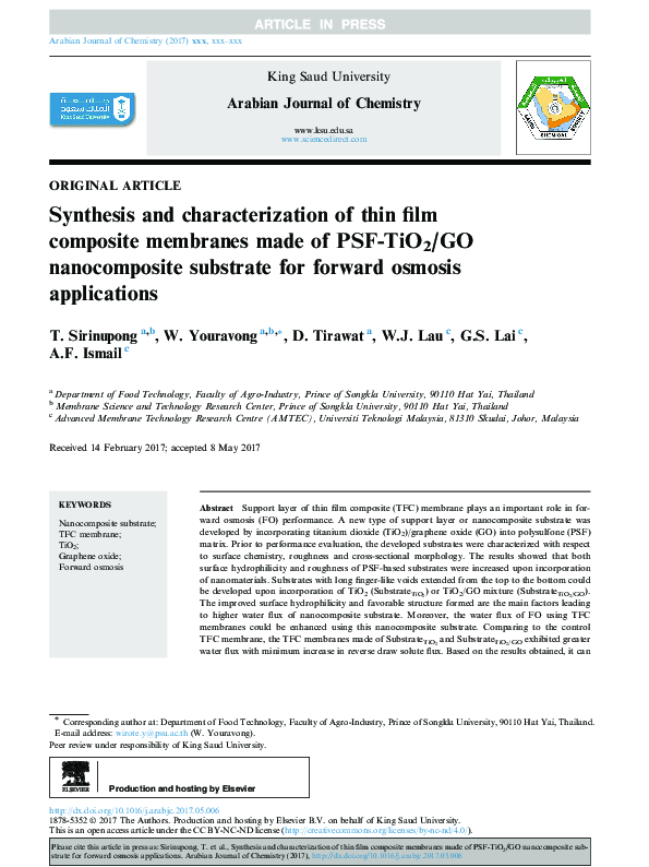 (PDF) Synthesis and characterization of thin film composite membranes ...