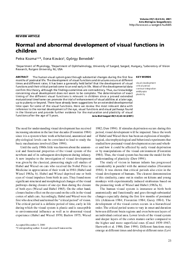 (PDF) Normal and abnormal development of visual functions in children