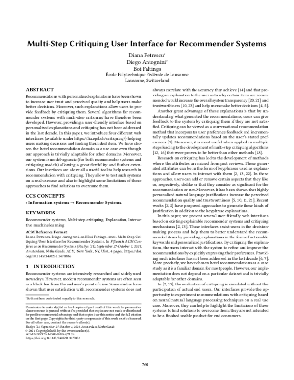 (PDF) Multi-Step Critiquing User Interface for Recommender Systems