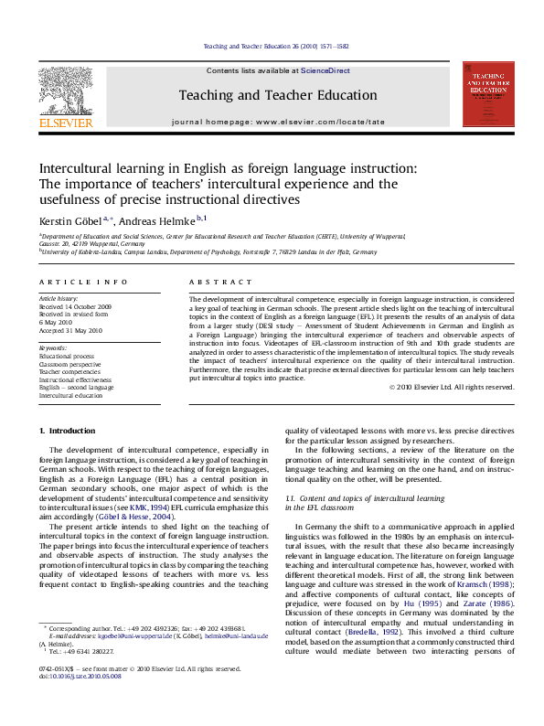 (PDF) Intercultural learning in English as foreign language instruction ...