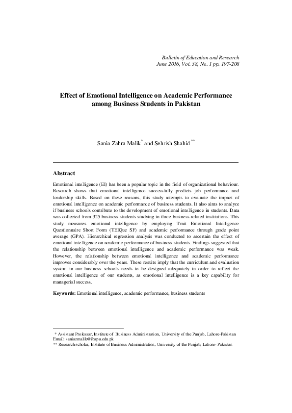 (PDF) Effect of Emotional Intelligence on Academic Performance among ...