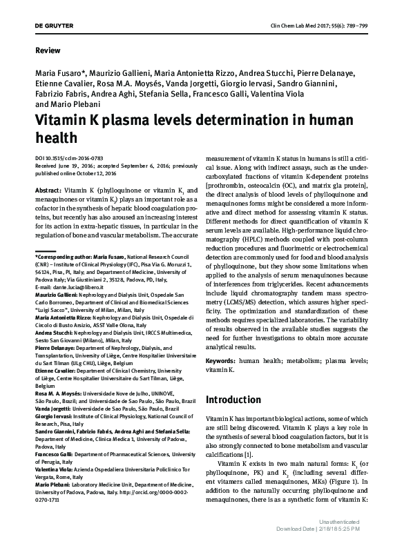 (PDF) Vitamin K plasma levels determination in human health Francesco