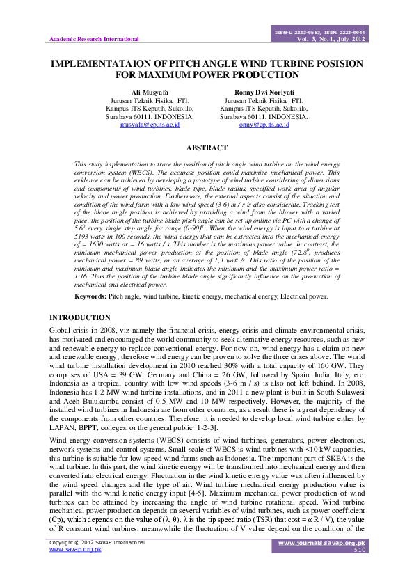 (PDF) Implementataion of Pitch Angle Wind Turbine Posision for Maximum ...