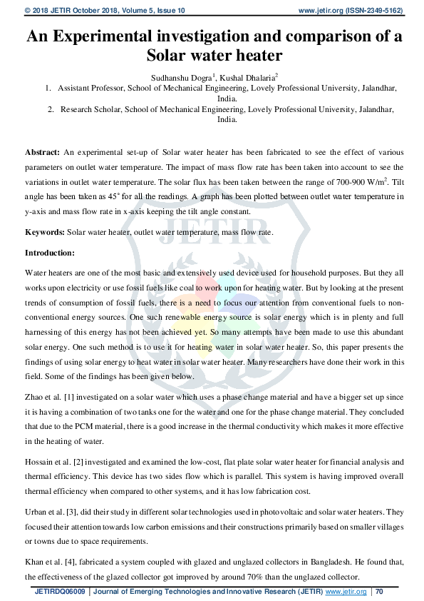(PDF) An Experimental investigation and comparison of a Solar water heater