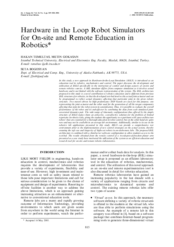 (PDF) Hardware in the Loop Robot Simulators for On-site and Remote ...