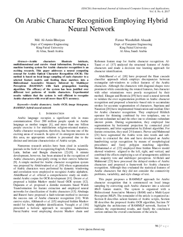 (PDF) On Arabic Character Recognition Employing Hybrid Neural Network