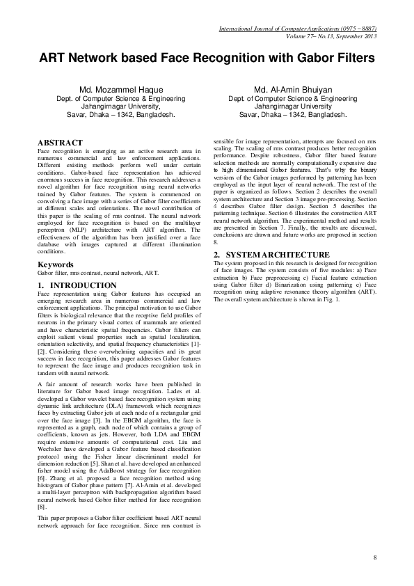 (PDF) ART Network based Face Recognition with Gabor Filters