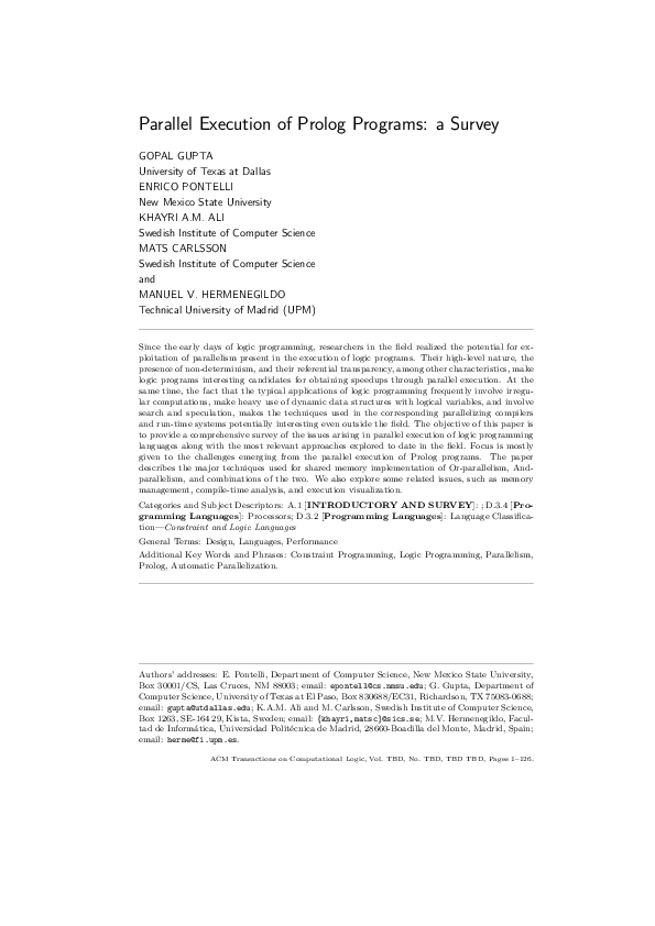 (PDF) Parallel execution of prolog programs