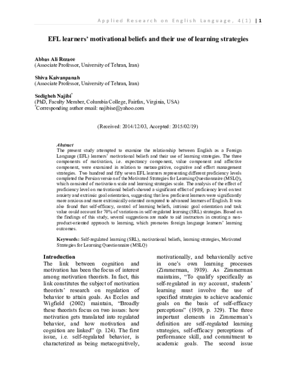 (PDF) EFL learners’ motivational beliefs and their use of learning ...